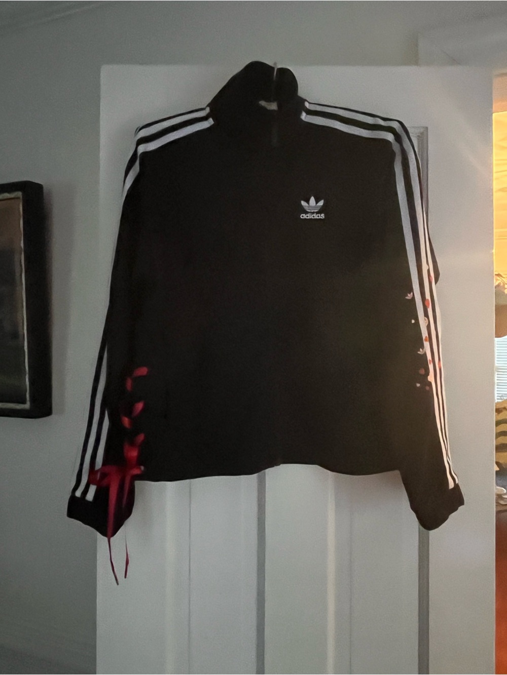 adidas Black Bomber Track Jacket with White Stripes and Red Accents